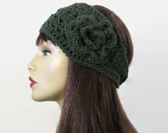 Serre-tête vert au crochet avec fleurs Cache-oreilles vert foncé en tricot Cache-oreilles vert forêt au crochet Cache-oreilles au crochet