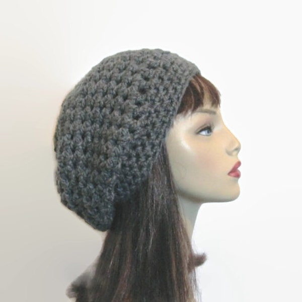 Slouch Beanie Gray Crochet Slouchy Hat Charcoal Slouchy Hat Dark Gray Beret Dark Crochet Women's hat Gray Beanie Crochet Tam Slouch Gray Cap