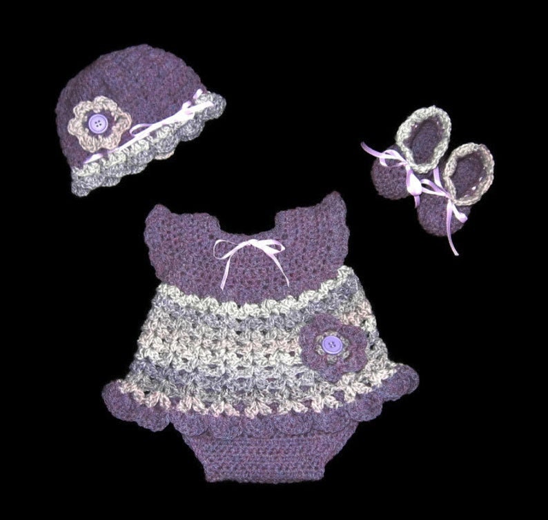 Crochet Purple Baby Girl Dress Set Knit Diaper Dress Set Baby - Etsy