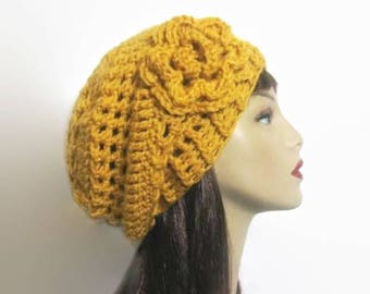 Mustard  Slouchy Hat Gold Slouch Beanie with Flower Gold Crochet women's Hat With Flower Slouch knit Beanie Slouchy Beret Mustard Slouch tam