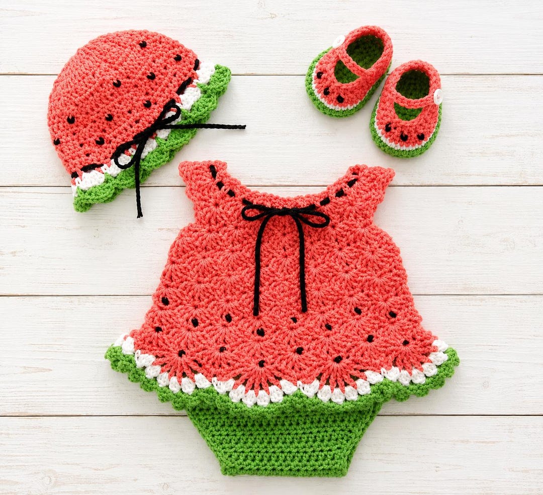 crochet watermelon dress Crocheted Watermelon Sun Dress and Swimsuit for Kids