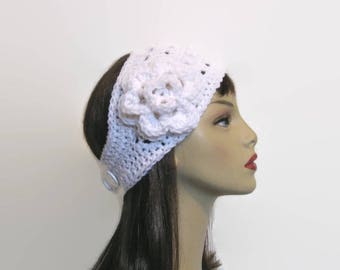 White Crochet Ear warmer Crochet Headband with Flower White knit Headband Crochet Headwrap white earwarmer Crochet ear warmer White Headwrap