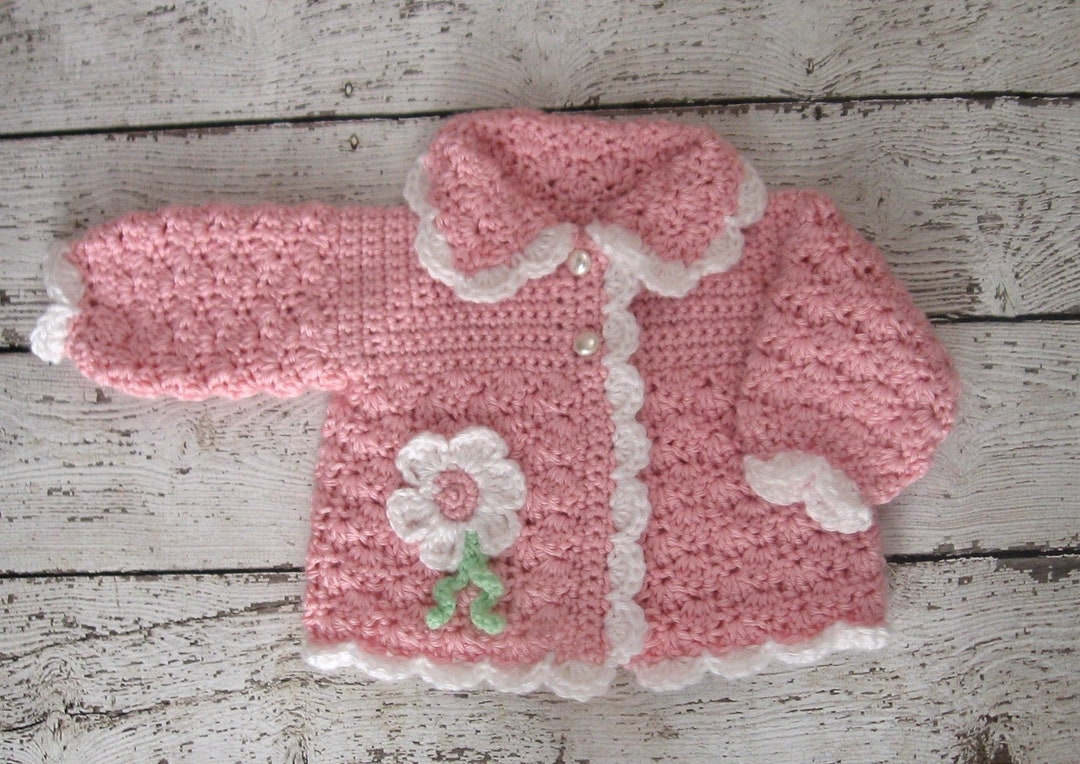 ピンクの花柄かぎ針編みベビーセーター、ニット幼児用セーター