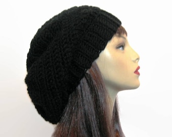 Black Slouchy Beanie Black Crochet Slouch Hat Black Oversized Hat Black knit Beanie Black Knit hat Crochet Women's hat Black Tam slouchy hat