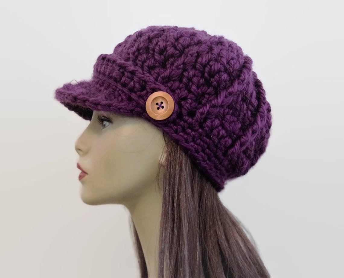 Purple Newsboy Hat Purple Knit Newsboy Dark Purple Crochet Cap Etsy