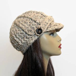 Crochet Newsboy Hat Crochet Hat with Visor Adult Oatmeal Newsboy Knit Hat Beige Beanie Cream Crochet Hat with Visor Tweed Newsboy Cream Hat image 1