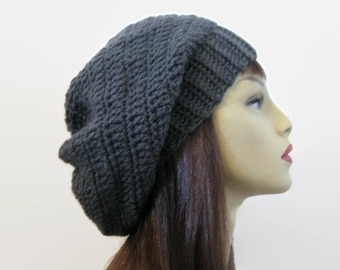 Charcoal Gray Crochet Slouch Hat Gray Slouchy Hat Gray Knit
