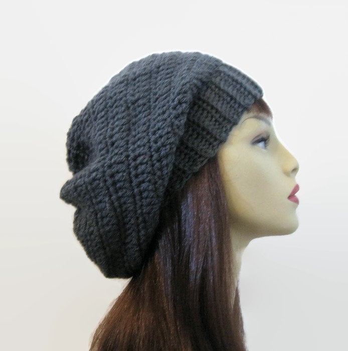 Charcoal Gray Crochet Slouch Hat Gray Slouchy Hat Gray Knit Beanie