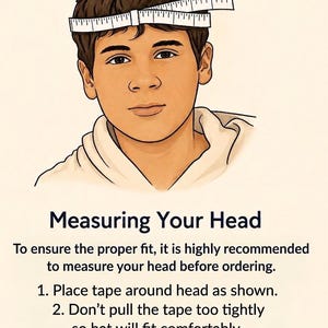 A black and white line drawing of a person's head wearing a measuring tape around the head, accompanied by text instructions on how to measure one's head properly.