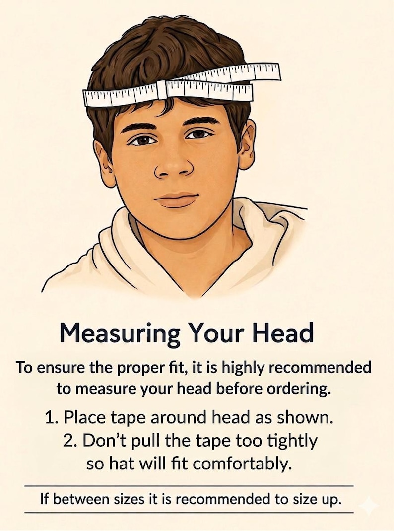 A black and white line drawing of a person's head wearing a measuring tape around the head, accompanied by text instructions on how to measure one's head properly.