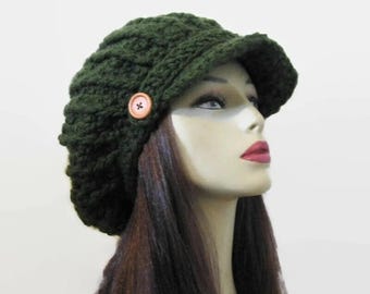 Gorro de vendedor de periódicos holgado de crochet verde con botones Gorro con rastas y visera Gorro de punto verde oscuro con ala Gorro de vendedor de periódicos holgado de gran tamaño