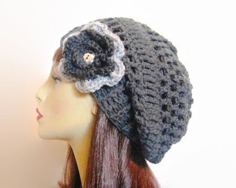 Gray Slouch Crochet Hat with Flower Charcoal Slouch Hat Gray Slouchy knit Beanie Dark Gray Cap Adult Cap  Beret Slouchy Womens Hat Crochet