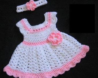 Newborn Baby Dress White Crochet Baby Girl Dress Set White and Pink Toddler Dress Baby Knit Dress and Headband Pink White Baby Girl Dress