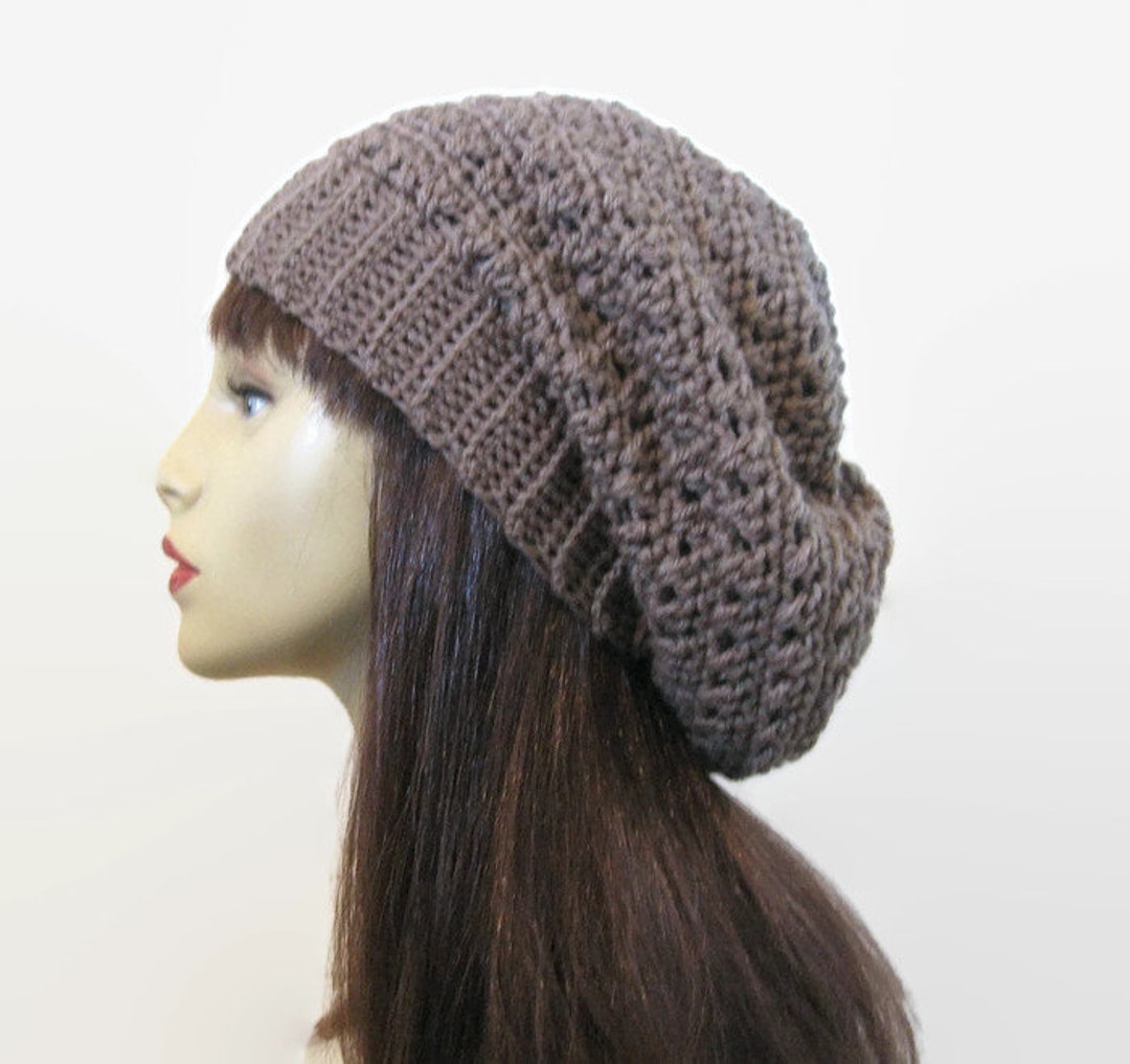 Created by Cyd Womens Crochet Slouchy Beanie‎ Taupe Merino Wool Knit Hat NEW Crochet Taupe Slouchy Hat With Button Taupe Slouch Beanie  main image 3
