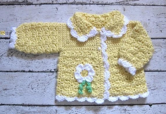 Yellow Crochet Baby Sweater with flower Knit Baby Girl Sweater Yellow  newborn Sweater Yellow Baby Girl Cardigan yellow toddler sweater