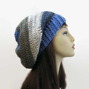Crochet Slouchy Hat Gray Knit Beanie Gray and Blue Striped Slouchy Hat Gray Slouchy Tam Gray Multicolor Crochet women&#39;s Hat Gray Knit Tam