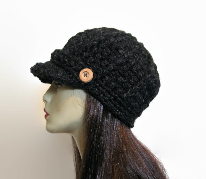 Black Tweed Knit Newsboy Crochet Womens Newsboy Hat With Brim Etsy