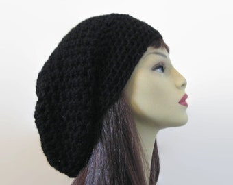 Black Slouch Hat Black Slouchy Beanie Black Crochet Slouch Black knit Beanie Black Knit hat Black slouch beret Crochet women's hat Black Tam