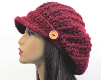 Dark Red Crochet newsboy hat with button Maroon dreadlocks hat Dark Red rasta hat Knit Slouchy newsboy Oversized Hat newsboy Hat with Visor