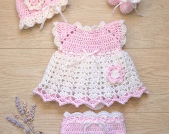 Crochet Baby Girl Dress Diaper Dress Set pink coming home Set Pink Baby Dress  Pink Preemie Baby Dress Set Newborn Baby Set knit Baby Outfit
