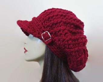 Dark Red Crochet newsboy hat with buckle  Maroon dreadlocks hat Dark Red rasta hat Knit Slouchy newsboy Oversized Hat newsboy Hat with Visor