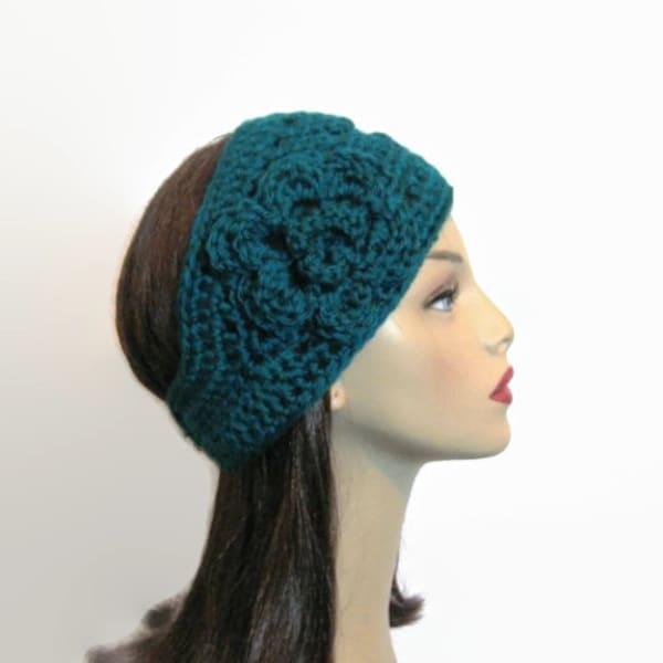 Teal Crochet womens Headband with flower Thick Headband Aqua Headwrap Teal Head Band Knit Earwarmer Wide Earwarmer Aqua Crochet Headwrap