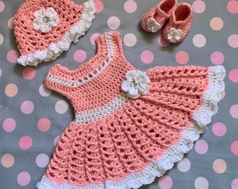 Baby Knit Dress Crochet Baby Dress Baby Dress Light Pink Set Newborn Toddler Dress Baby Girl Dress Set and Hat and Shoes crochet baby girl