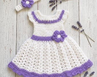White and Purple Crochet Baby Dress Set Newborn Baby Dress White Baby Girl Outfit Toddler Dress Knit Dress and Headband Baby Shower Gift