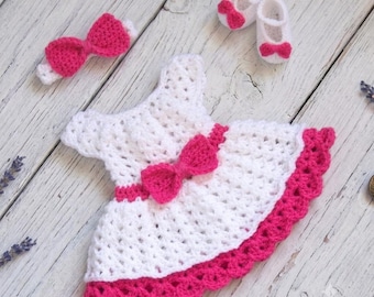 White and Pink Crochet Baby Girl Dress Set Newborn Baby Dress White Baby Outfit Pink Baby Knit Dress and Headband Pink White Baby Girl Dress