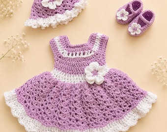 Purple Crochet Baby  Dress Baby Dress  Set Newborn Toddler Dress Baby Girl Dress Set Baby Knit Dress and Hat and Shoes Lilac Baby Girl Dress