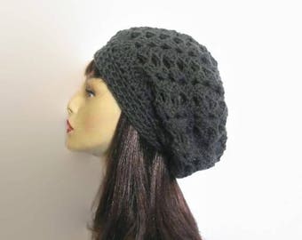 Gray Slouchy Hat Charcoal Beanie Dark Gray Slouchy knit Beret Crochet women's hat dark gray Crochet Slouch Hat Charcoal Slouch Beanie