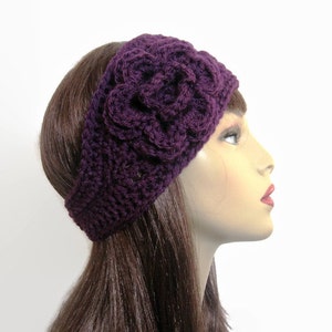 Purple Crochet Headband with Flower Plum Head Band Purple knit Earwarmer Head Band Purple Crochet Earwarmer with Flower Eggplant Ear Warmer image 1