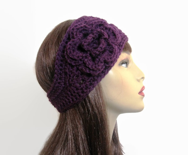 Purple Crochet Headband with Flower Plum Head Band Purple knit Earwarmer Head Band Purple Crochet Earwarmer with Flower Eggplant Ear Warmer image 1