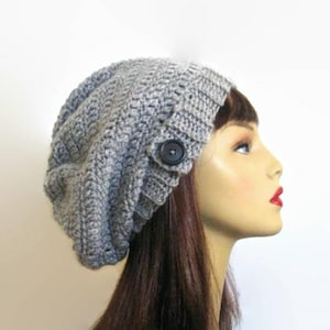 Light Gray Slouchy Hat with Button Gray Knit Beanie Silver crochet women&#39;s hat Slouchy Tam Gray Slouchy Beanie gray oversize beanie