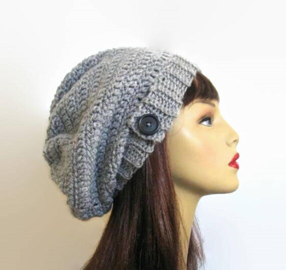 Light Gray Slouchy Hat With Button Gray Knit Beanie Silver  display picture 3