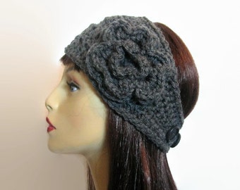 Crochet Headband Gray Earwarmer Thick earwarmer with flower knit Headband Charcoal head wrap Thick Crochet Gray Headband Charcoal headwrap