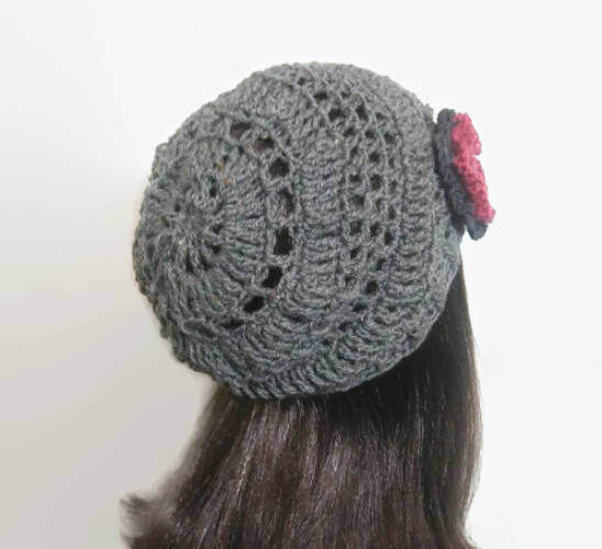 Gray Crochet Slouchy Hat Flower Gray Crochet Beanie Crochet  display picture 3