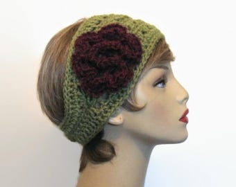 Green Crochet Headband with Flower Olive Green Earwarmer Green Headwrap Light Green Ear warmer Crochet Earwarmer with flower knit headband
