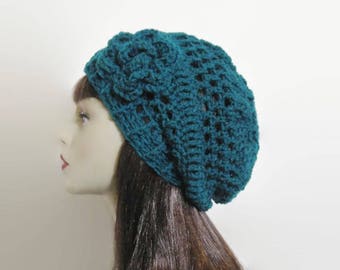 Teal Slouch Hat with Flower Turquoise Slouchy Beanie Aqua Crochet Beanie  slouch knit hat Crochet Women's hat Slouch Crochet Tam Teal Hat