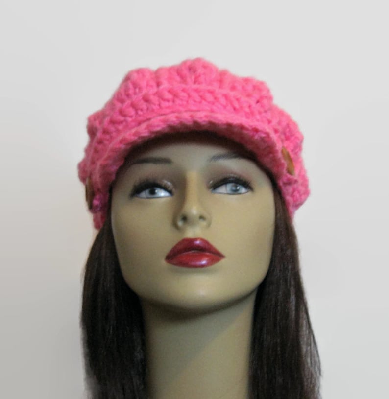 Pink Newsboy Crochet Newsboy Hat Bright Pink Hat with Visor Adult Newsboy Pink Cap Crochet Newsboy knit Cap with Buttons image 4