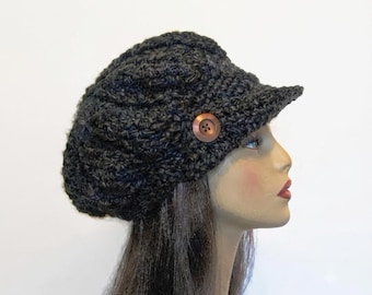 Charcoal News boy Gray Slouch Newsboy Hat Gray Newsboy Hat Charcoal Hat with Visor Crochet Newsboy Knit Newsboy  Dark Gray Hat with Visor