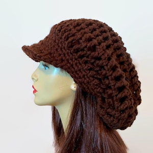 Dark Brown knit Hat Brown Slouch Newsboy Hat Crochet Dreadlocks Hat with visor   with Brim Slouchy oversized newsboy hat Adult newsboy cap