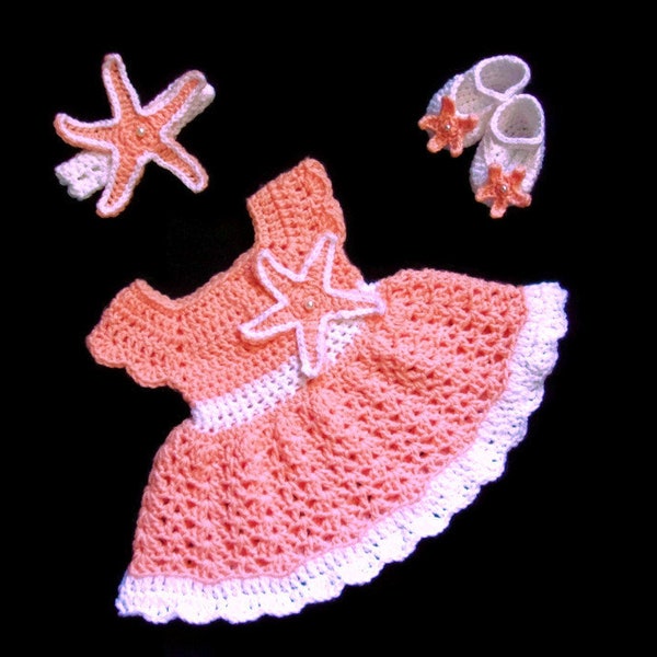 Peach Crochet Baby  Dress Set Newborn Baby Dress Starfish Baby Outfit  Baby Girl Dress Set Baby Knit Dress Headband Coral Baby Girl Dress