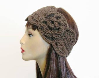 Crochet Headband with Flower Taupe Head band Taupe Ear Warmer light Brown Headwrap Knit Headband Light  Brown Headwrap light brown headband