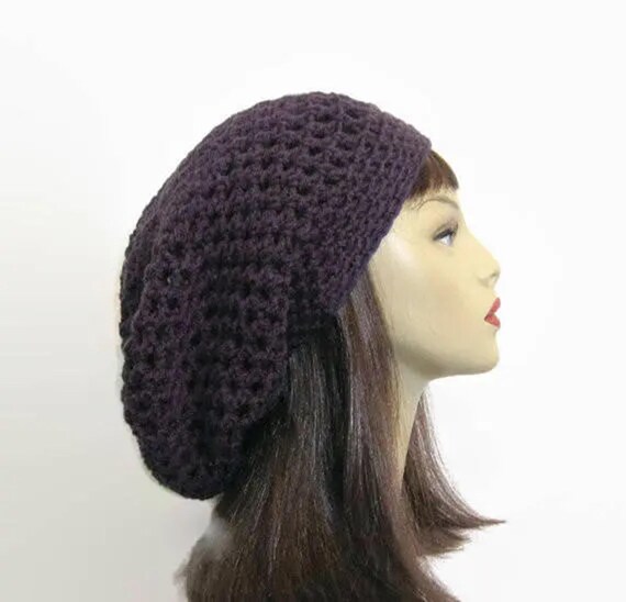 Women\'s Crochet Knitted Style Beanie Slouchy Hat Dark Purple Slouchy Crochet Beanie: Purple, One Size Fit All, Size  main image 4