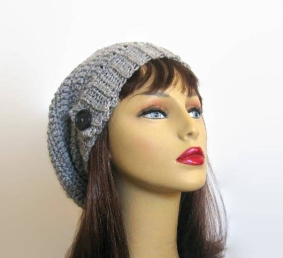 Light Gray Slouchy Hat With Button Gray Knit Beanie Silver  display picture 3