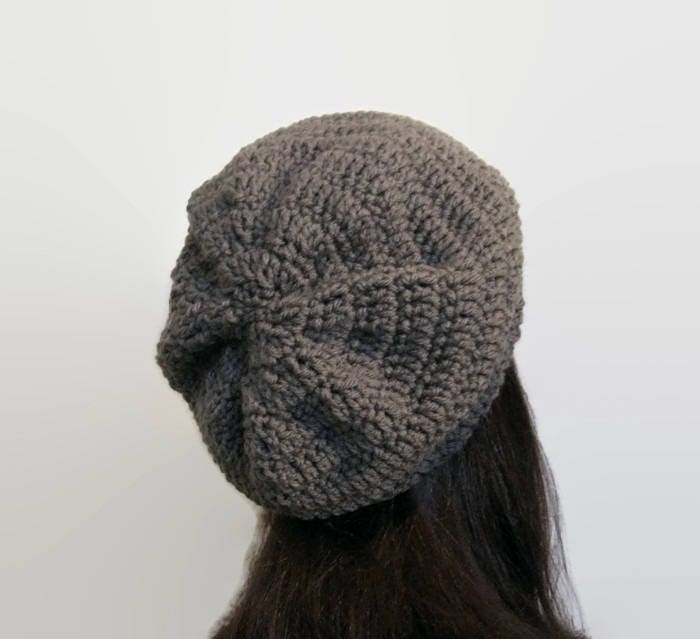 Crochet Taupe Slouchy Hat With Button Taupe Slouch Beanie 