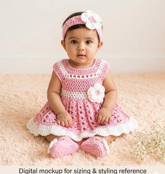 Light Pink Crochet Toddler Dress Set Newborn Baby Dress Baby girl Outfit infant Knit Dress and Headband Pink Baby Shower Gift