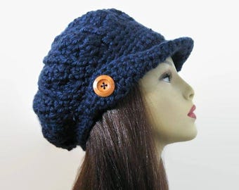 Crochet Newsboy Hat Dark Blue Newsboy Hat Navy Hat with Visor Adult Newsboy Crochet Womens Newsboy Hat with Visor Dark Blue Hat with brim