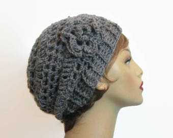 Gray Slouchy Hat With Flower Crochet Gray Beanie Gray Crochet women's hat Slouchy Beanie Gray Beret Charcoal gray Crochet Beanie Knit Tam